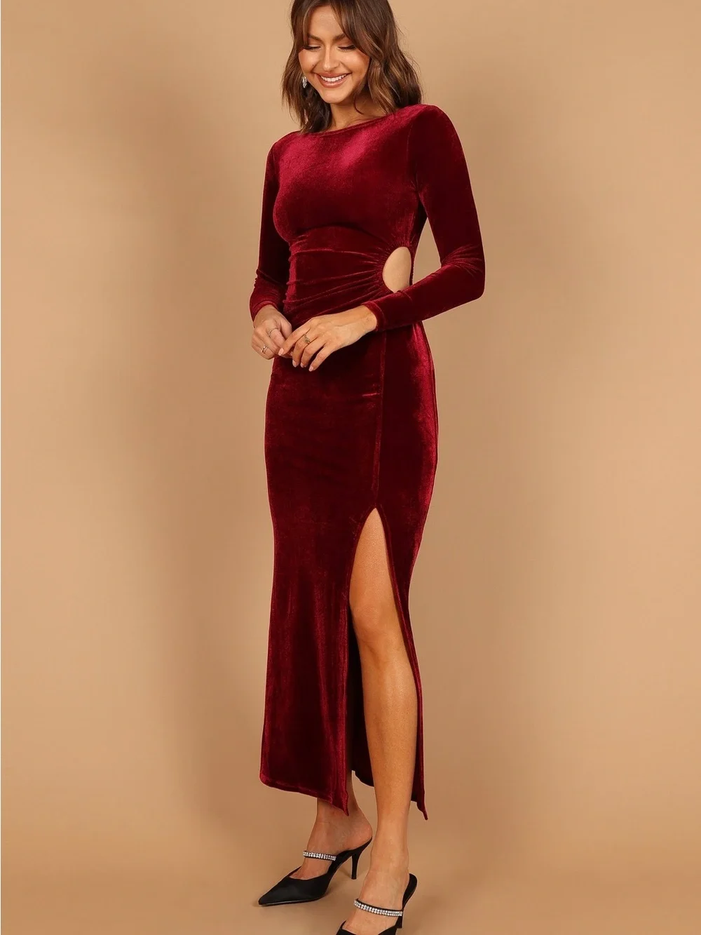 NEW Petal & Pup Sarine Burgundy Red Velvet Maxi Dress with Side Cutout S
